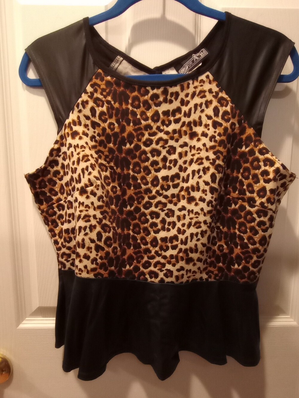 Leopard Print Peplum Tank Top with Faux Leather Trim - Brown
